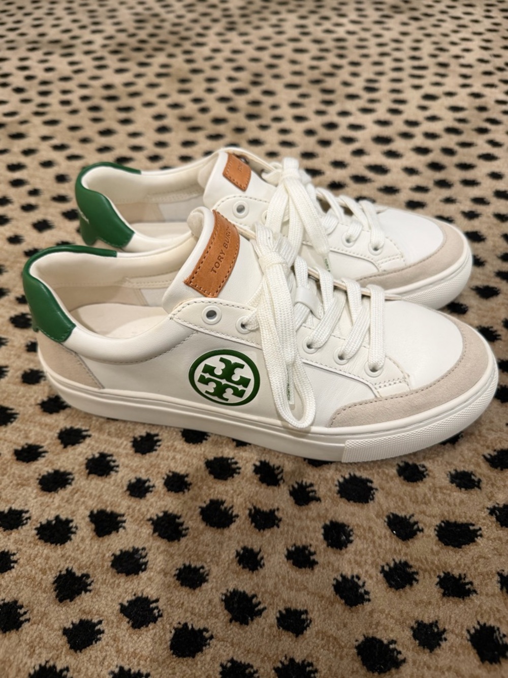 Tory Burch White Leather Sneakers with Green Logo Accent
